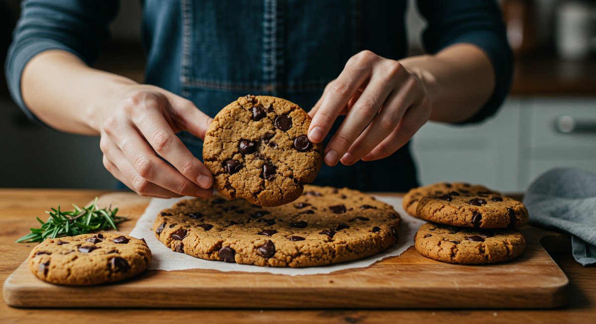 Delicious vegan chocolate chip cookies being made with plant-based ingredients in a bright kitchen setting