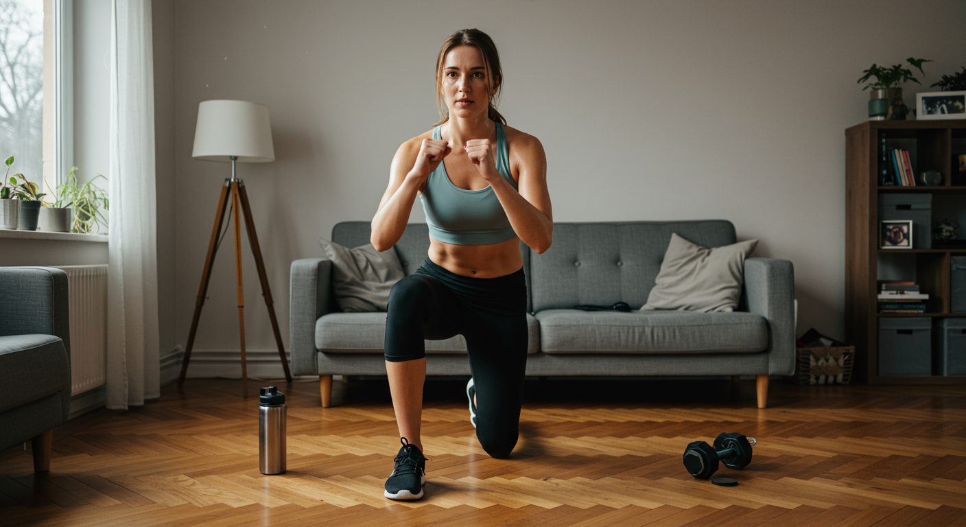 A beginner doing high knees as part of a home cardio workout