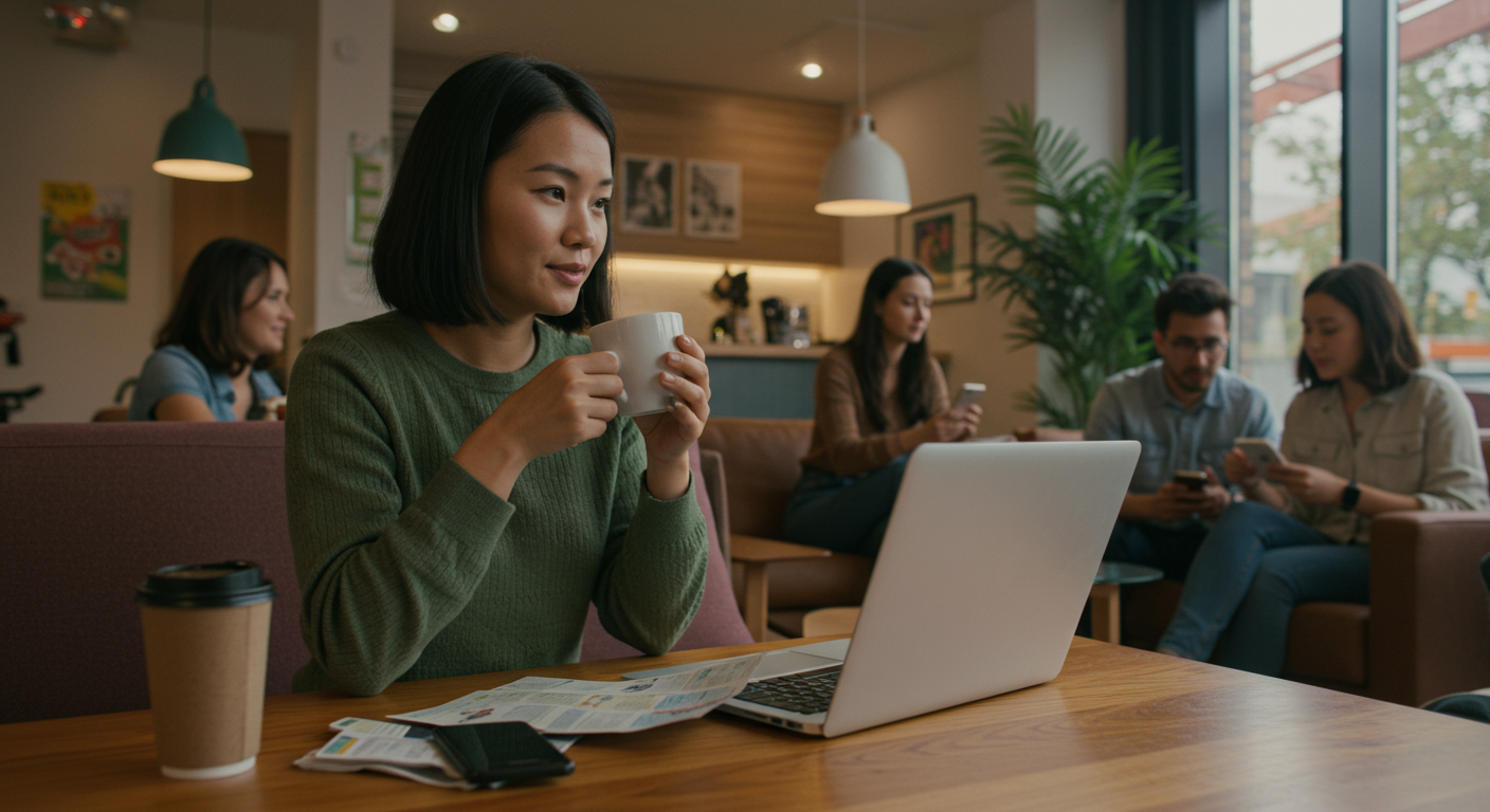 A woman enjoying coffee and working from a co-living space, showcasing community and connection for digital nomads.