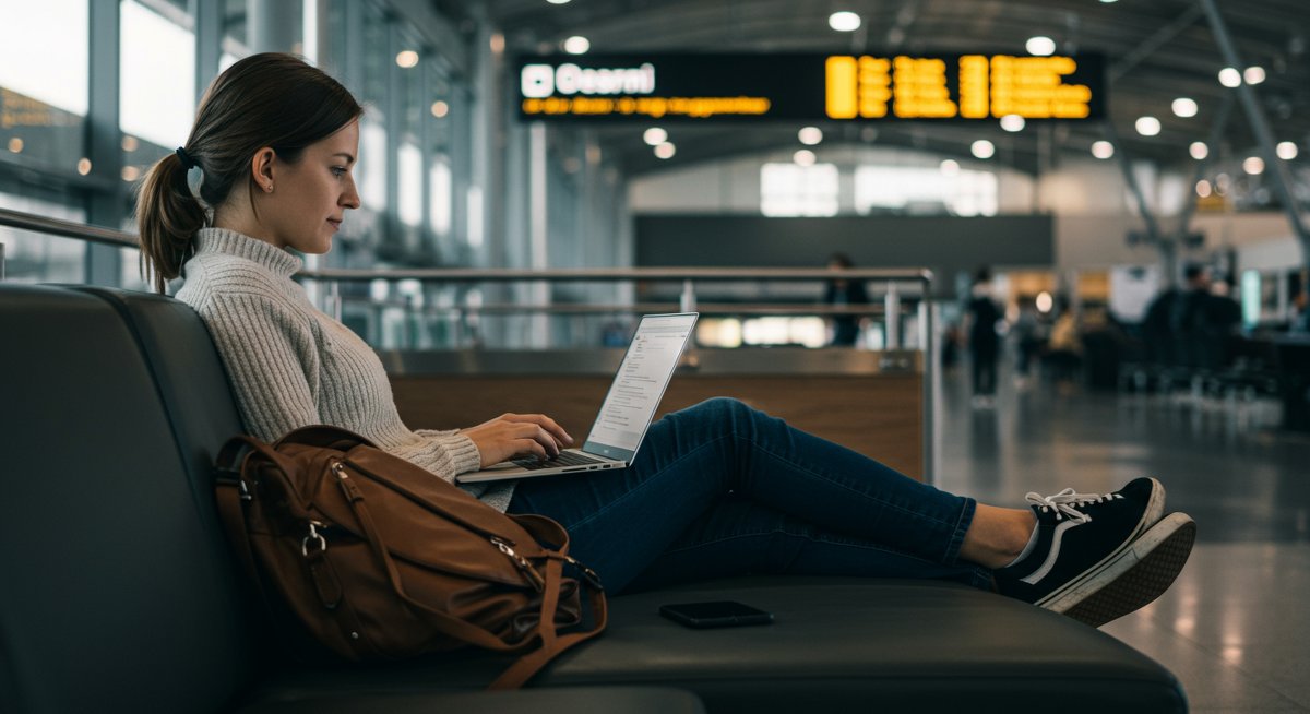 A budget-conscious female traveler sitting in an airport lounge with a laptop and phone, reviewing flight information for compensation and rebooking purposes, showcasing authenticity and realism in travel photography.