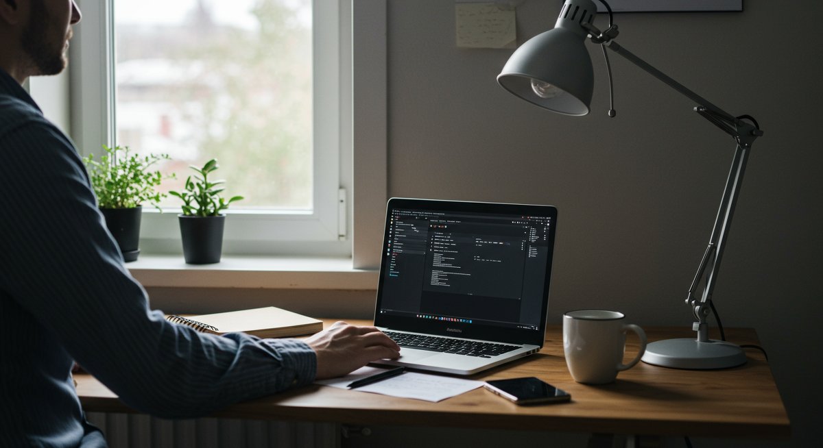 Professional minimalist finances illustration showing a confident man in a clean home office, focused on digital decluttering and budgeting for financial freedom.