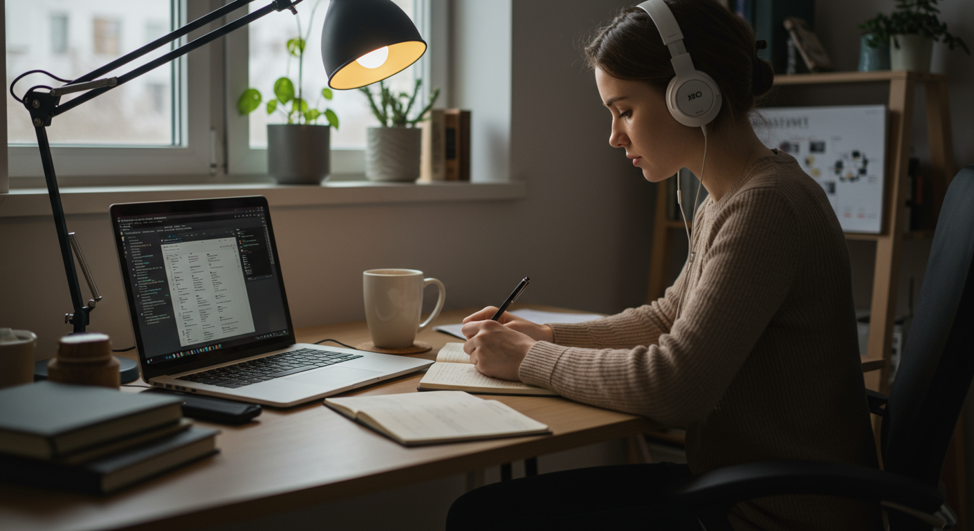 Young professional at a modern home office desk, focused intently on a laptop with a Pomodoro timer and bullet journal, implementing science-backed focus techniques.