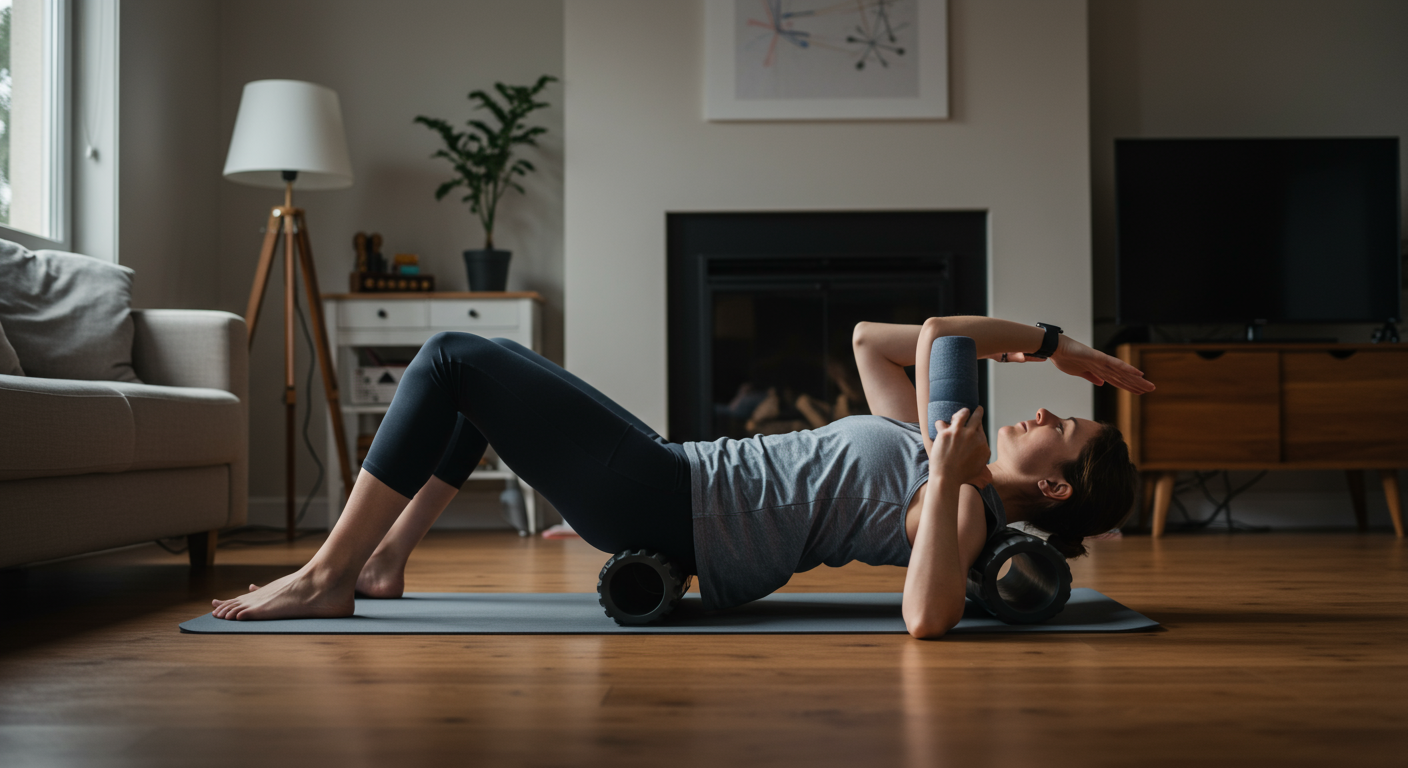 Person foam rolling at home for muscle recovery and flexibility.