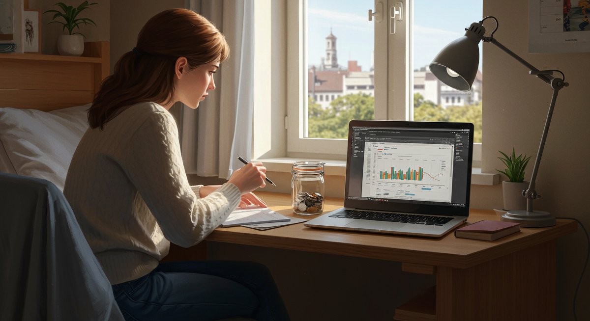 Young woman building emergency fund in dorm room with savings jar and budget spreadsheet