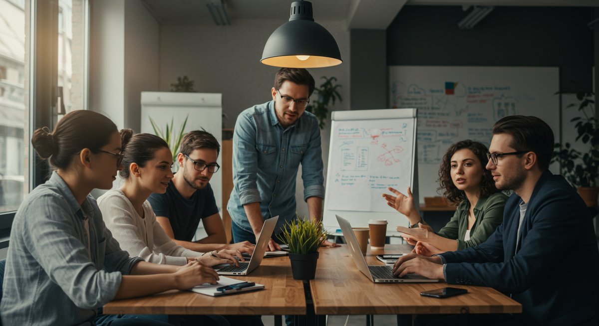 Digital nomads building an online community through collaborative work in a modern workspace