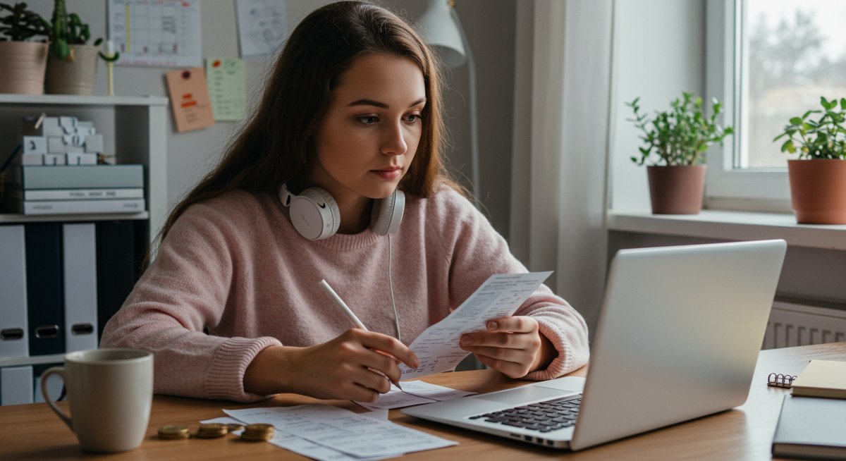 Budget beginner focused on monthly budget planning with calendar and bills in dorm room