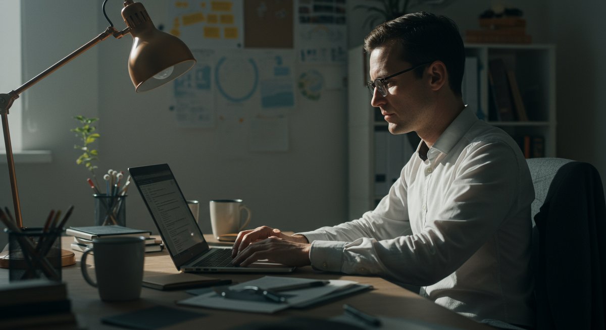 Mid-career professional working on a laptop in a modern, eco-conscious office setting with organized workspace and focus on career advancement.