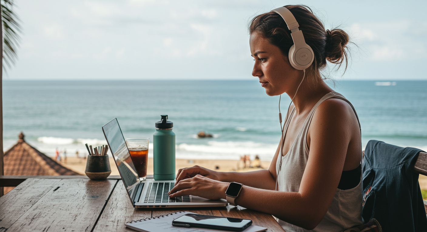 Female digital nomad working at a beach cafe in Bali, focused on preventing burnout while enjoying the tropical environment.
