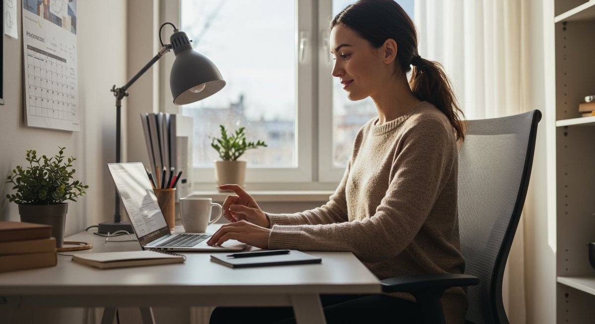 Professional woman managing energy through Pomodoro technique in modern home office with minimalist decor