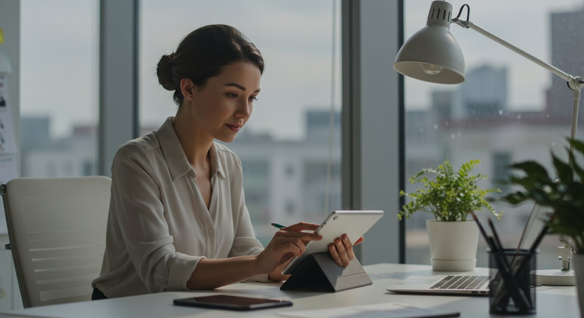 Professional woman negotiating benefits package in modern office with natural light and minimalist decor