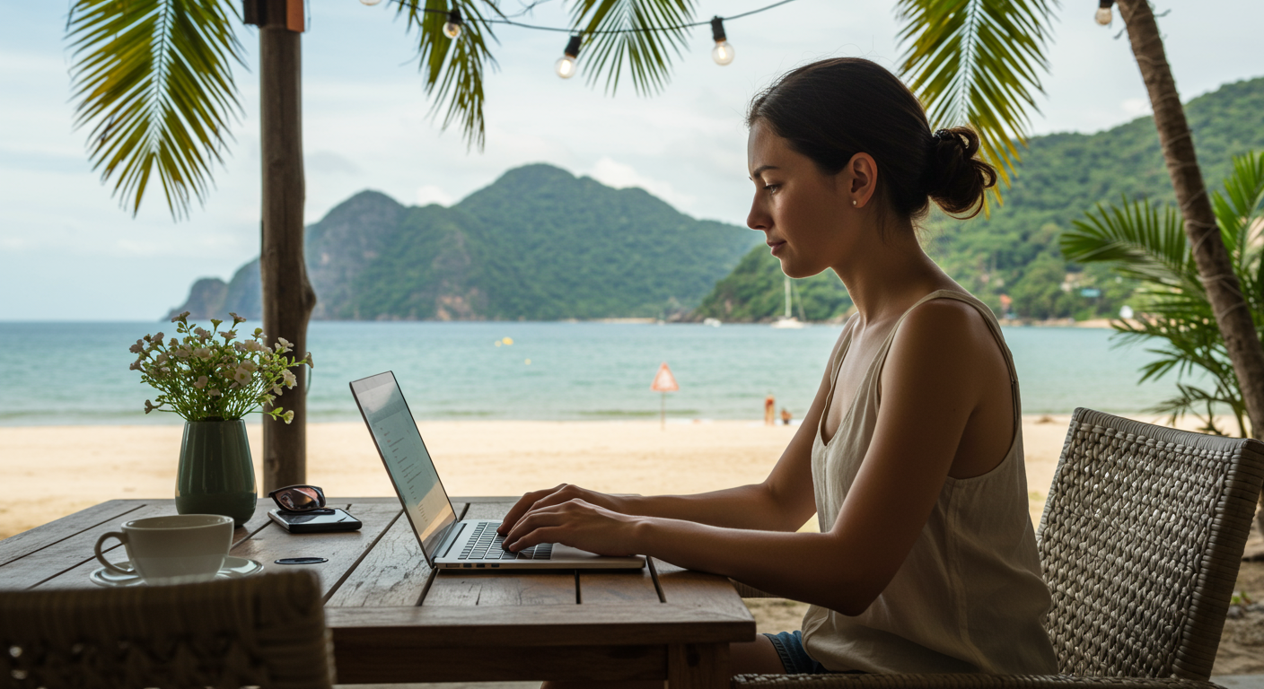 Digital nomad working securely at a beachside cafe, focusing on cybersecurity, data protection, and remote work.