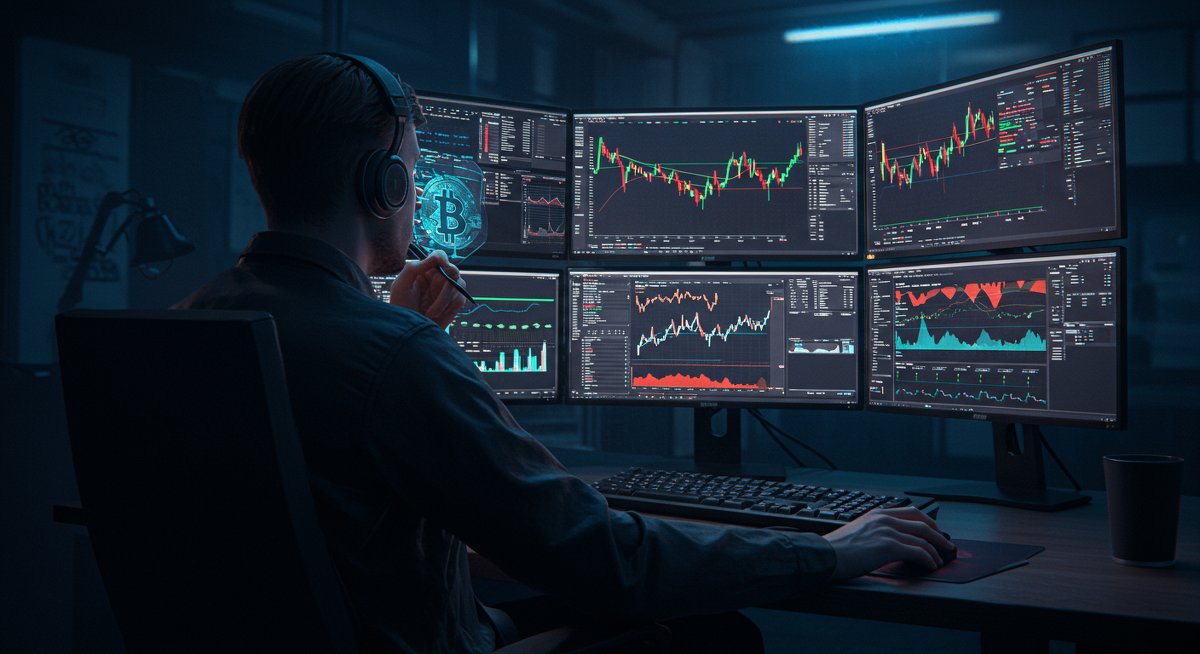 Bitcoin price analysis with global market data on triple monitors in neon-lit crypto workspace