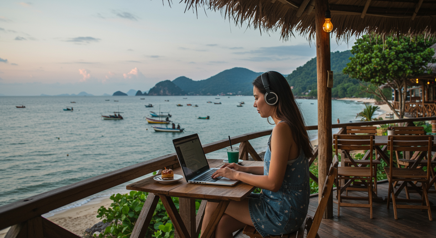 Female digital nomad working on a laptop at a beachside cafe, using a portable wifi hotspot, emphasizing internet connectivity for remote work.