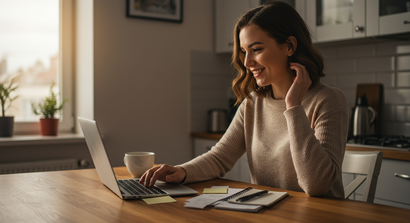 A young woman at a kitchen table, budgeting for beginners, using a laptop and notepad, with a cup of coffee.