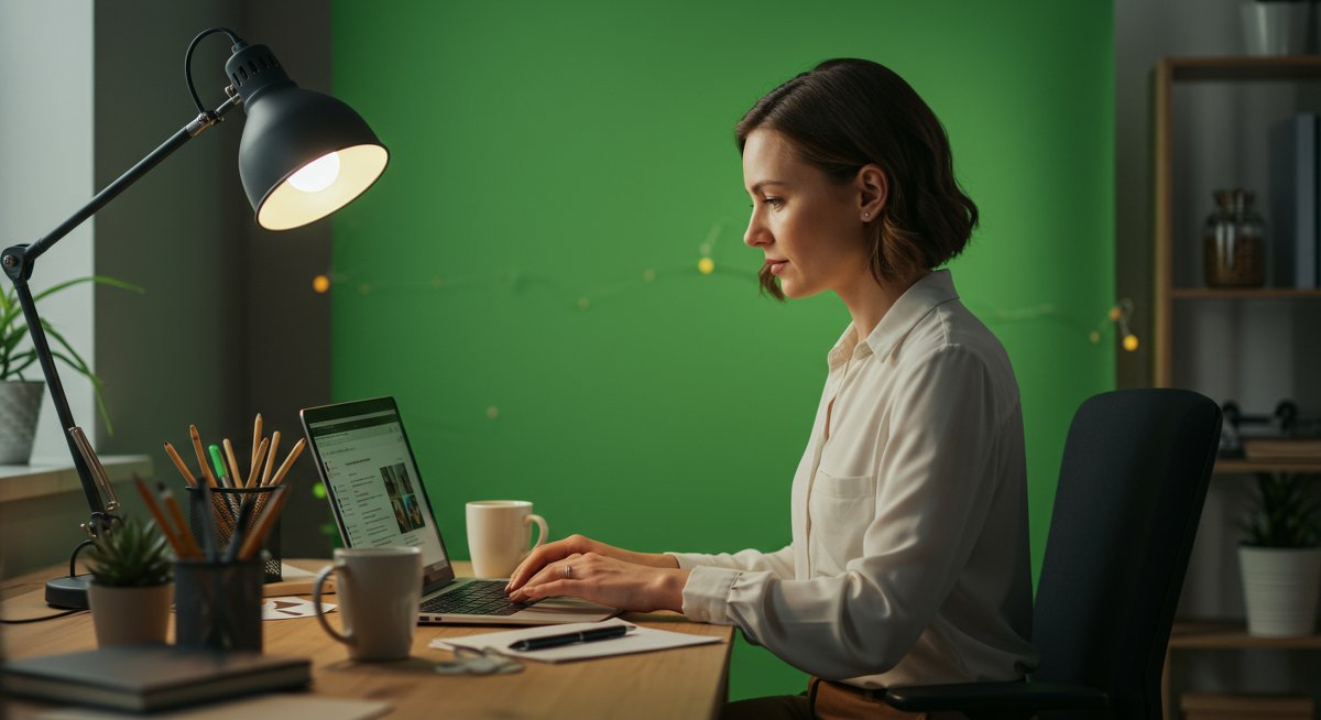 Professional woman optimizing LinkedIn profile in sustainable workspace with eco-friendly office supplies