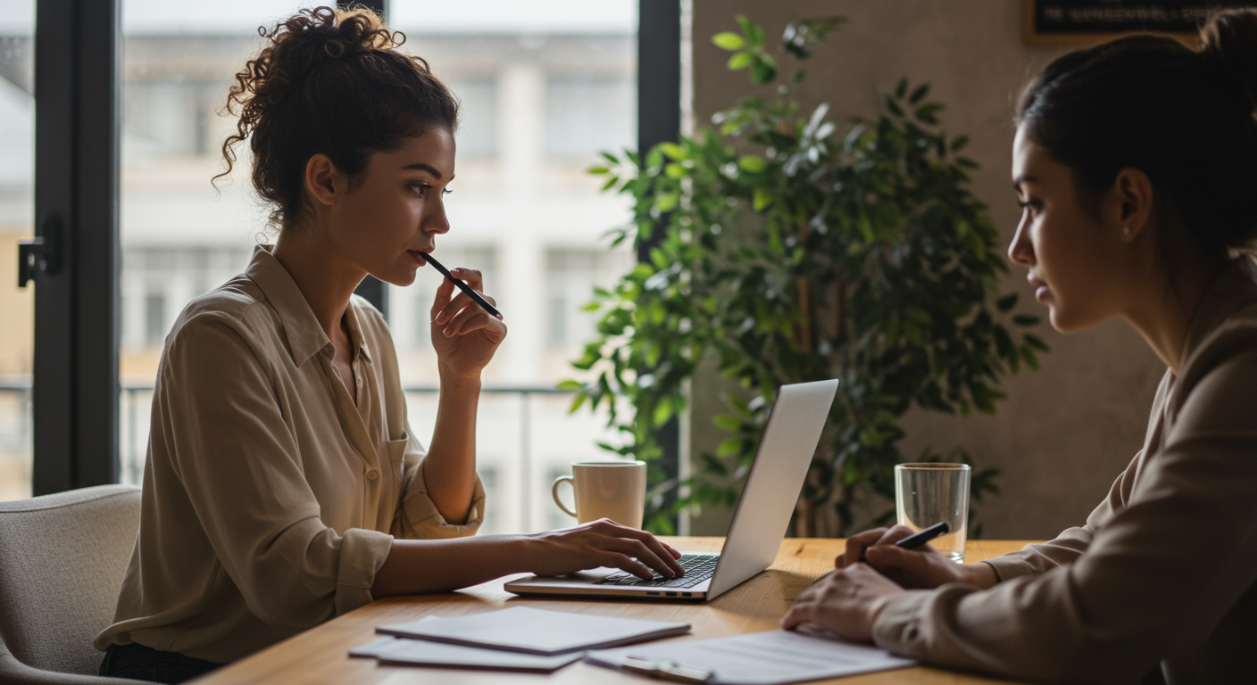 Female digital nomad analyzing financial data to boost freelance income in a modern co-working space
