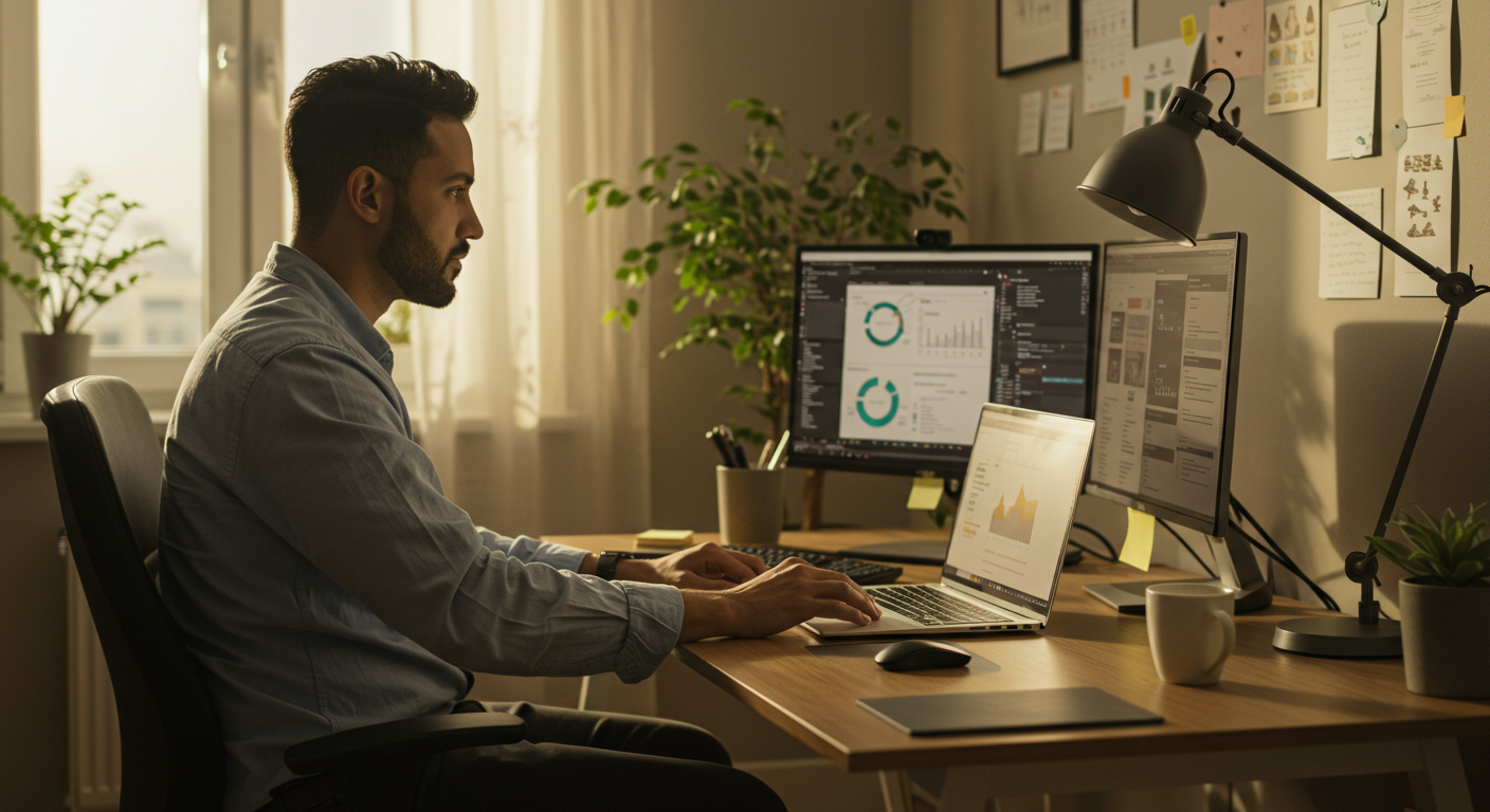 A professional managing energy levels using a Pomodoro timer and project management tools in a minimalist home office, embodying energy management for peak performance.