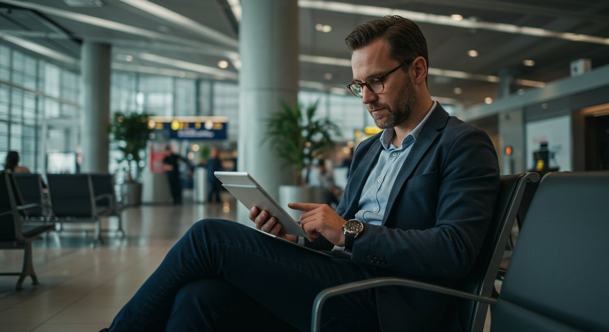 Frequent flyer using travel rewards tracking app in airport lounge to plan free flights