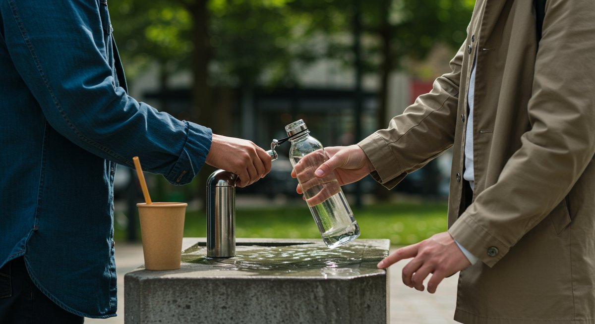 Urban sustainable living: Reusable water bottle refill at city park with eco-friendly props