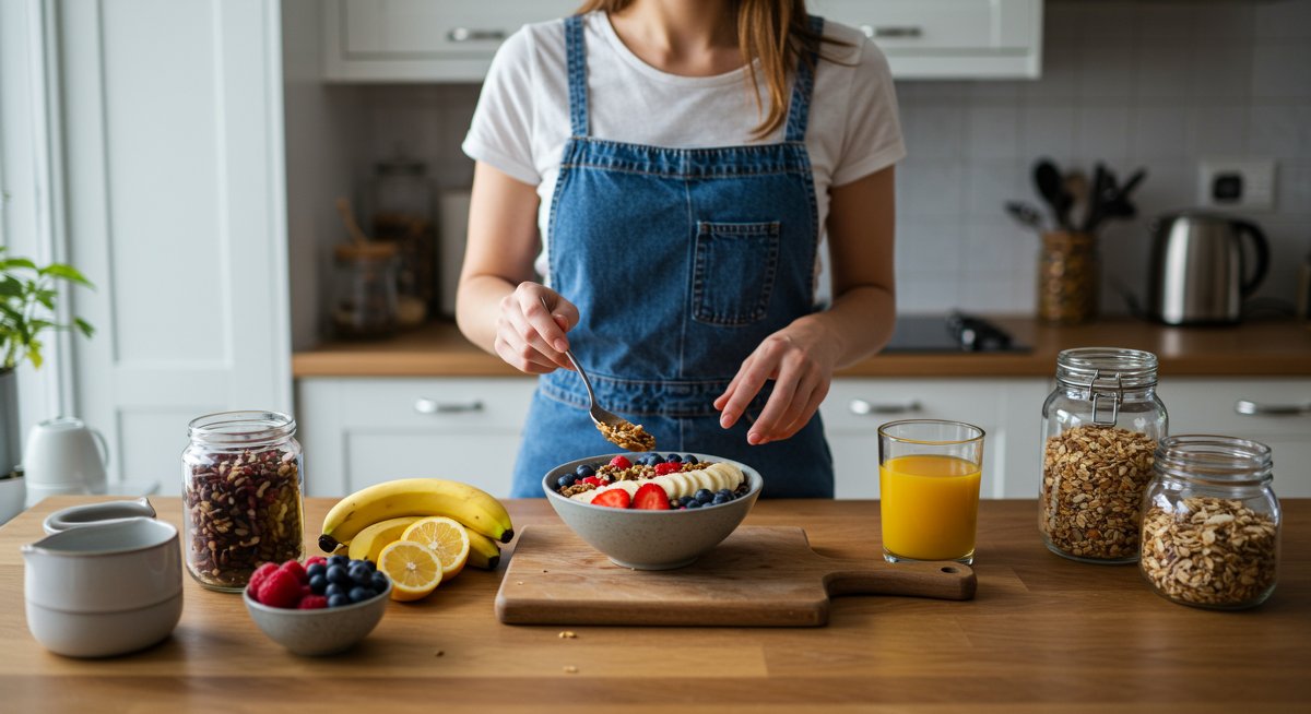 Vegan breakfast illustration showing a woman making a fresh smoothie bowl with berries, banana, and granola in a modern kitchen. Keywords: vegan breakfast, plant-based breakfast ideas, easy vegan breakfast recipe, quick vegan breakfast for beginners.
