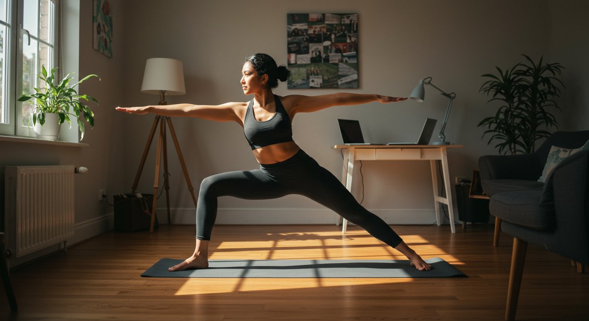 Professional yoga illustration showing woman in energizing Warrior II pose at home office with natural light and plant
