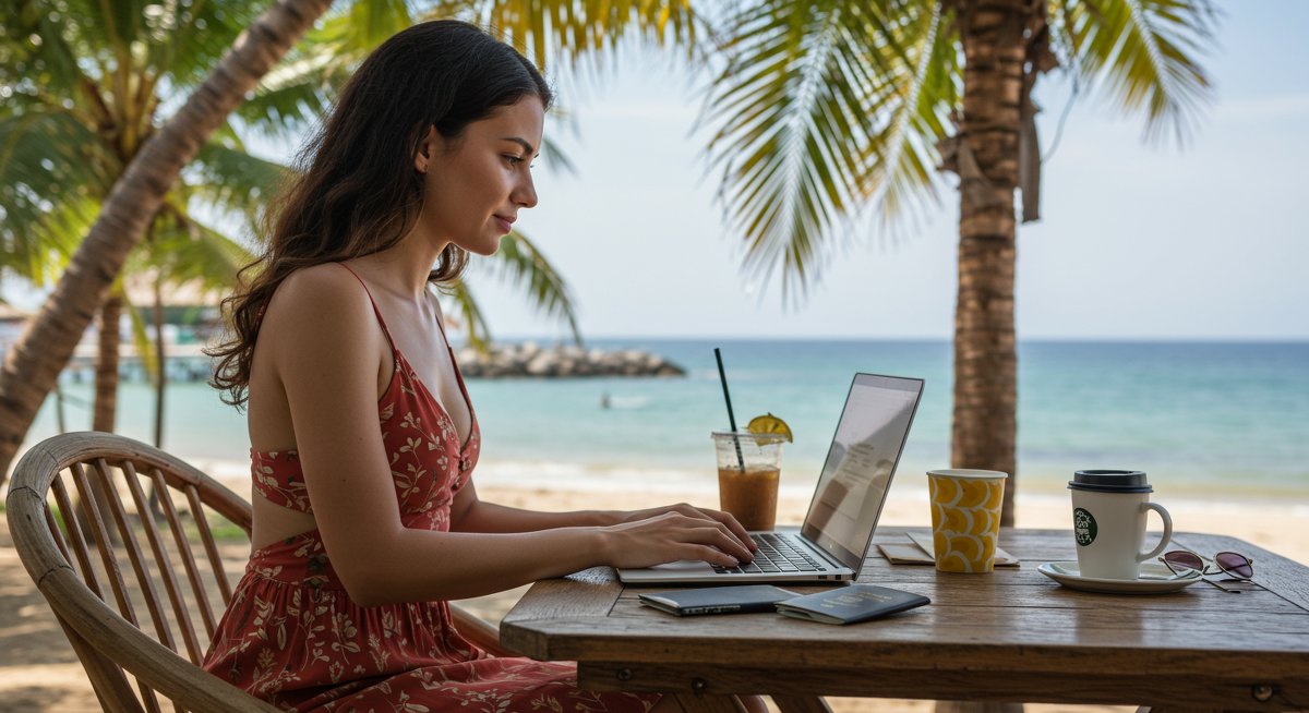 A digital nomad woman working on her laptop at a beachside cafe with tropical setting, focused expression, portable monitor, ergonomic mouse, noise-canceling headphones, travel backpack, passport, local currency, reusable water bottle, coffee cup, and travel cutlery set