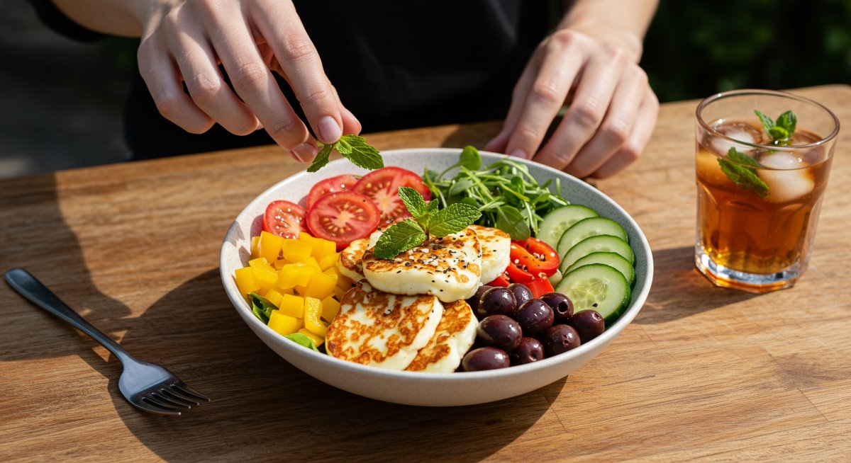 Mediterranean lunch bowl with vegetables, halloumi, and olive oil - healthy and easy recipe.