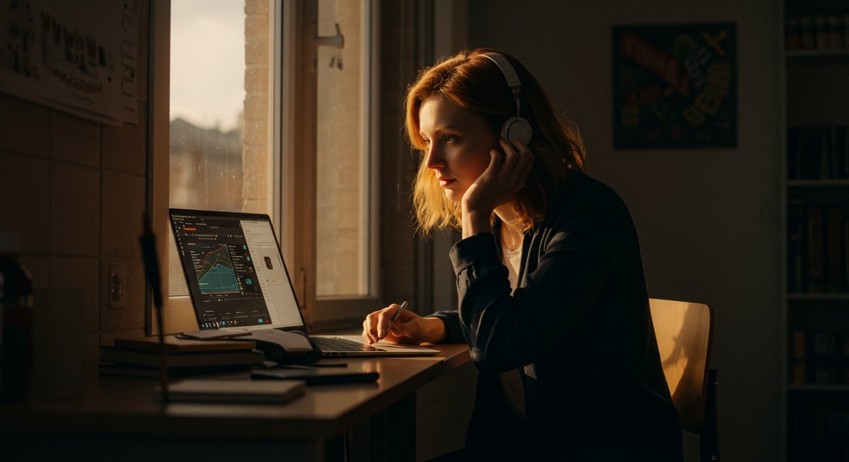 EU crypto beginner using smartphone and laptop to research low-fee altcoin swaps in modern café setting