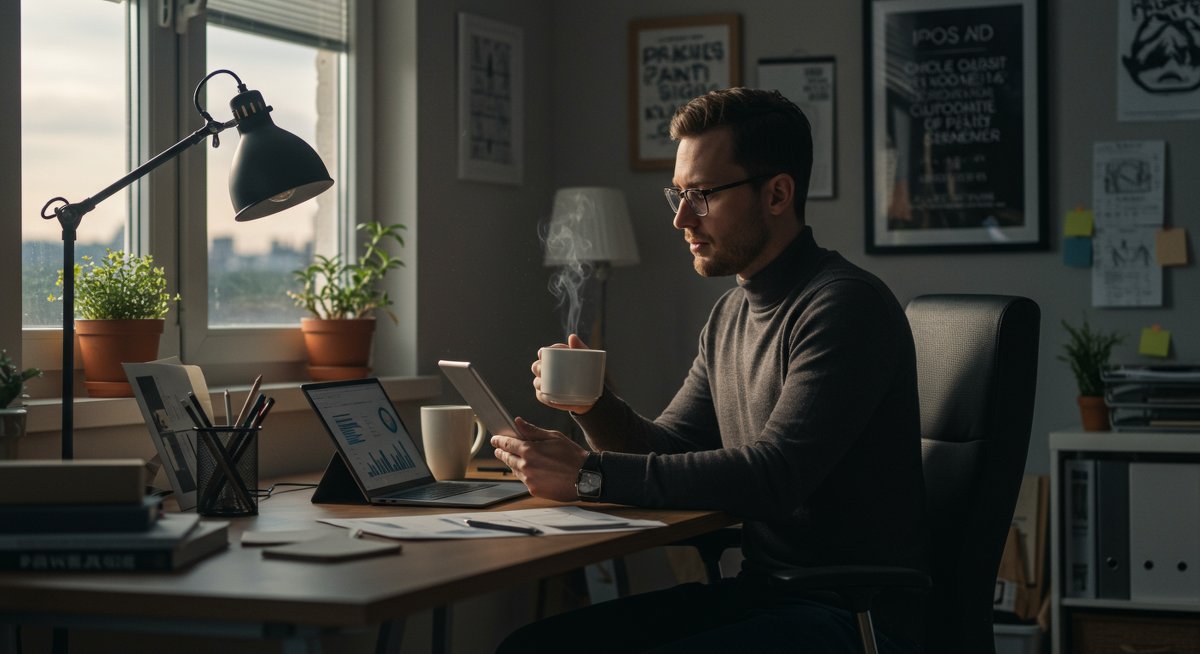 Productivity expert taking structured micro-break in modern workspace with Pomodoro timer and tea