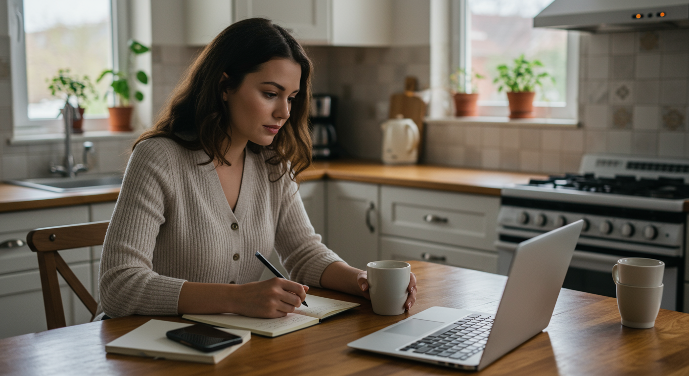 Budgeting for Beginners: A young woman planning her budget with a laptop and coffee at her kitchen table, representing a beginner-friendly approach to financial freedom.