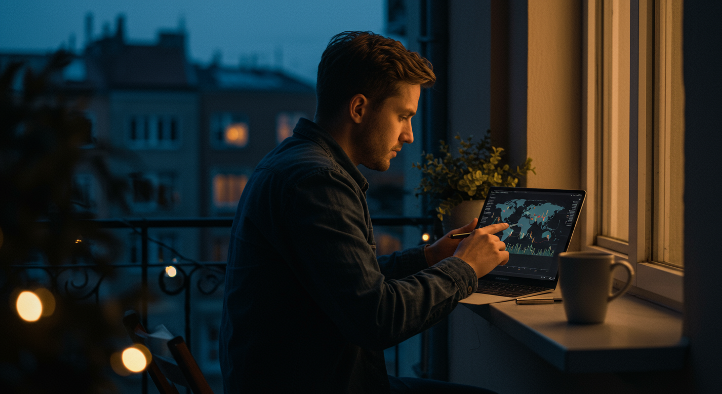 Global crypto trader analyzing Bitcoin charts and financial markets from around the world