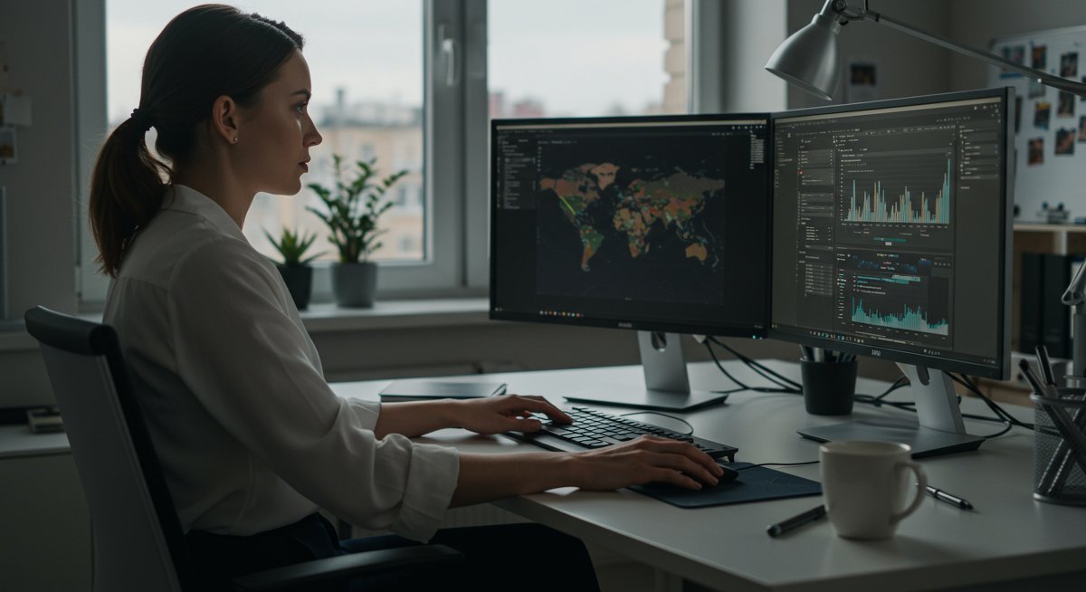 Professional woman organizing digital workspace with clean monitors, ergonomic setup, and organized files for improved focus