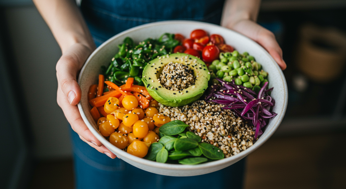 Close-up photo of a colorful vegan buddha bowl with fresh vegetables and grains, perfect for a quick and easy plant-based lunch. Focus on ingredients, natural light, and healthy eating.