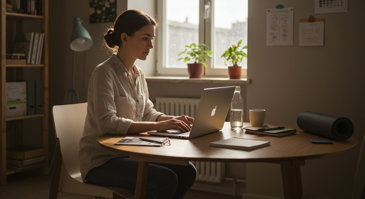 Digital nomad health guide illustration showing a woman working remotely with wellness essentials
