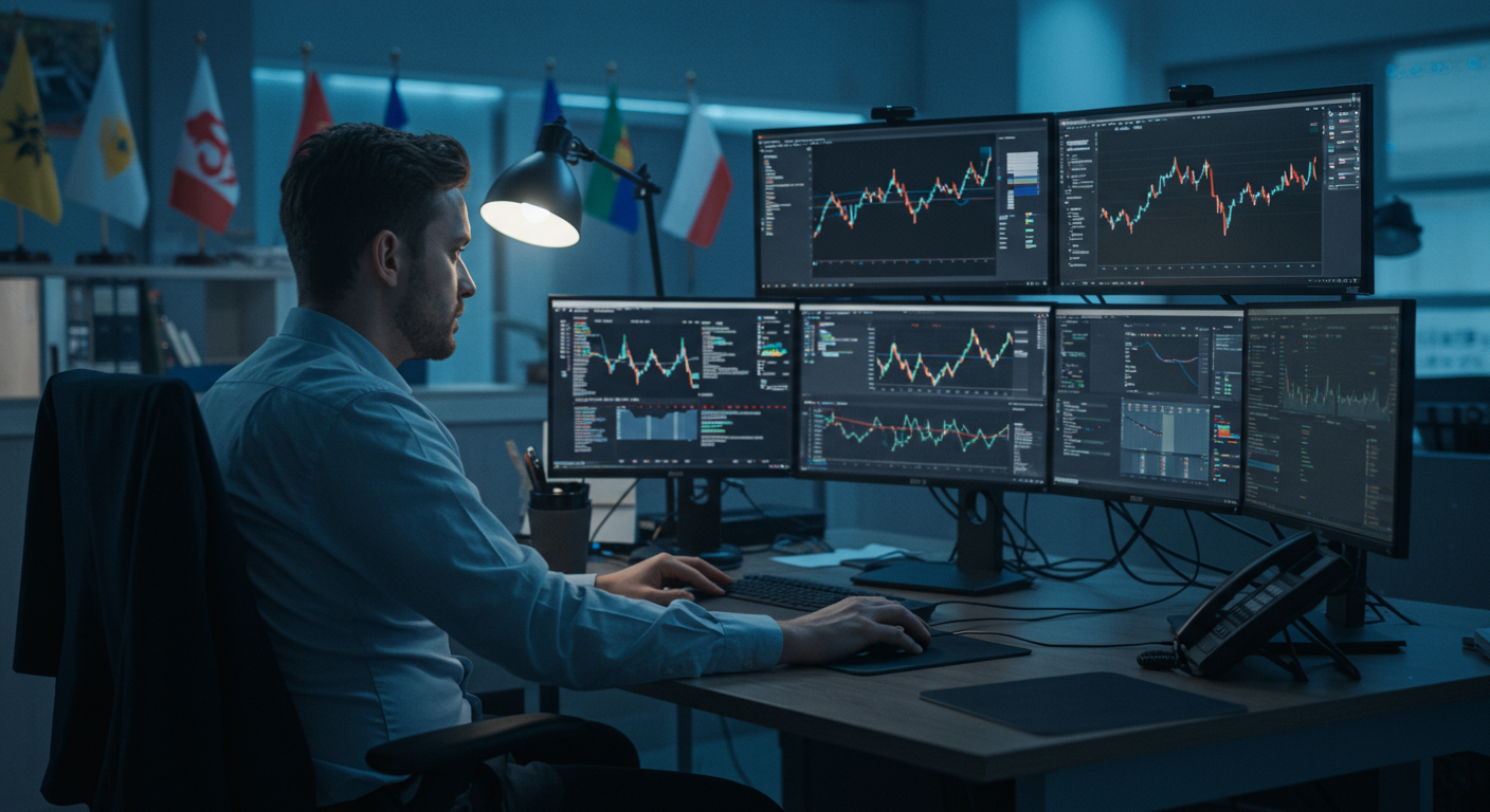 International crypto trader analyzing Bitcoin charts on multiple monitors