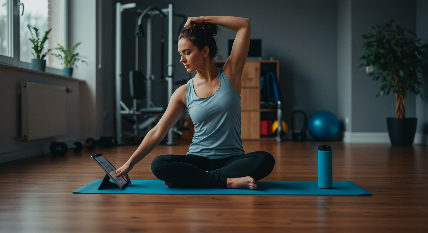 Person doing yoga with a tablet for data analysis