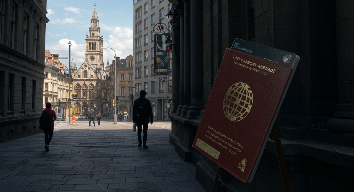 Lost passport emergency guide visual with passport document, embassy contact details, and travel safety elements