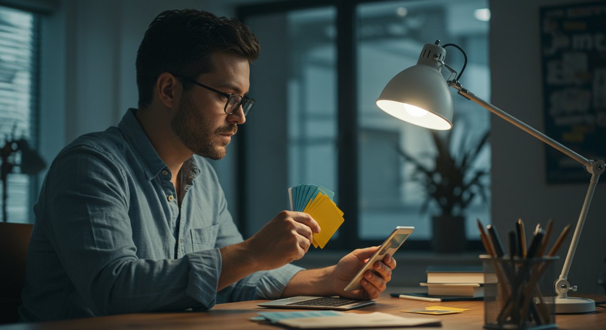 Adult learner utilizing spaced repetition techniques with flashcards and digital devices in a professional workspace