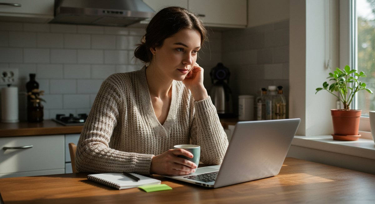 Young woman budgeting on laptop in kitchen, beginner-friendly budgeting guide