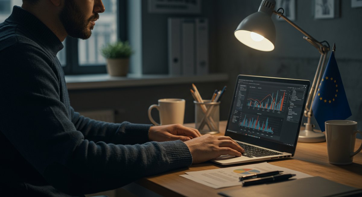 European P2P lending risk management strategies with professional digital nomad workspace featuring financial charts and regulatory symbols
