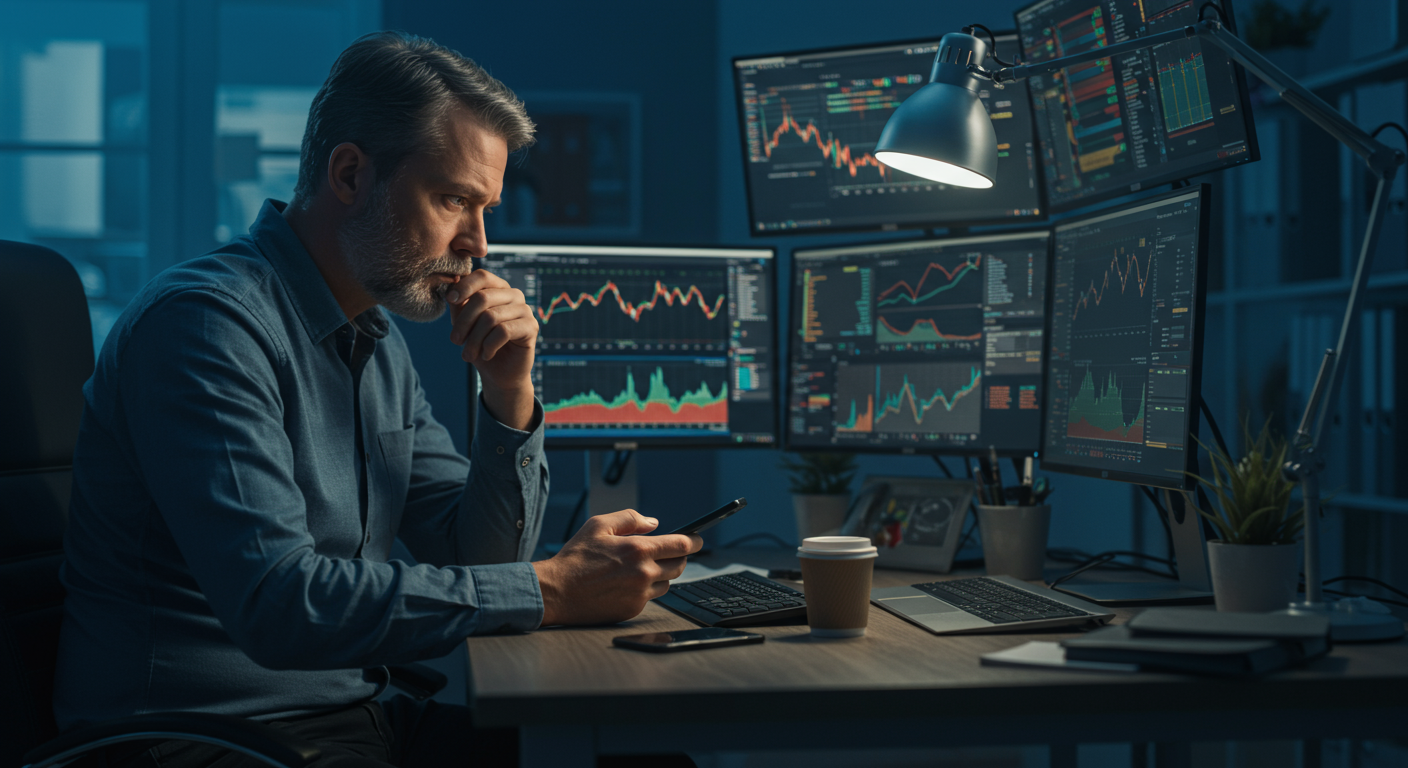 Experienced international crypto trader analyzing charts on multiple monitors in a modern co-working space, troubleshooting a stuck crypto swap.