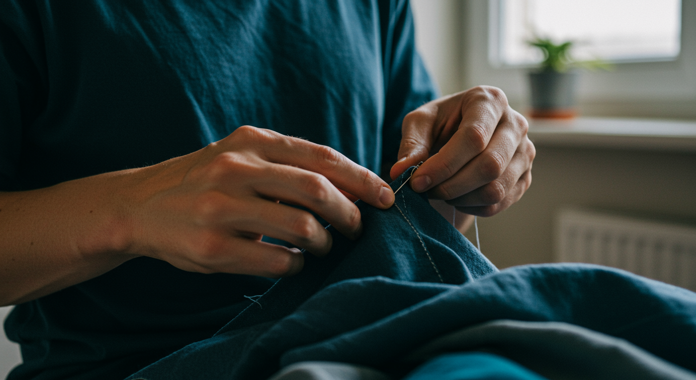 Person mending clothes, showcasing sustainable fashion practices and clothing repair