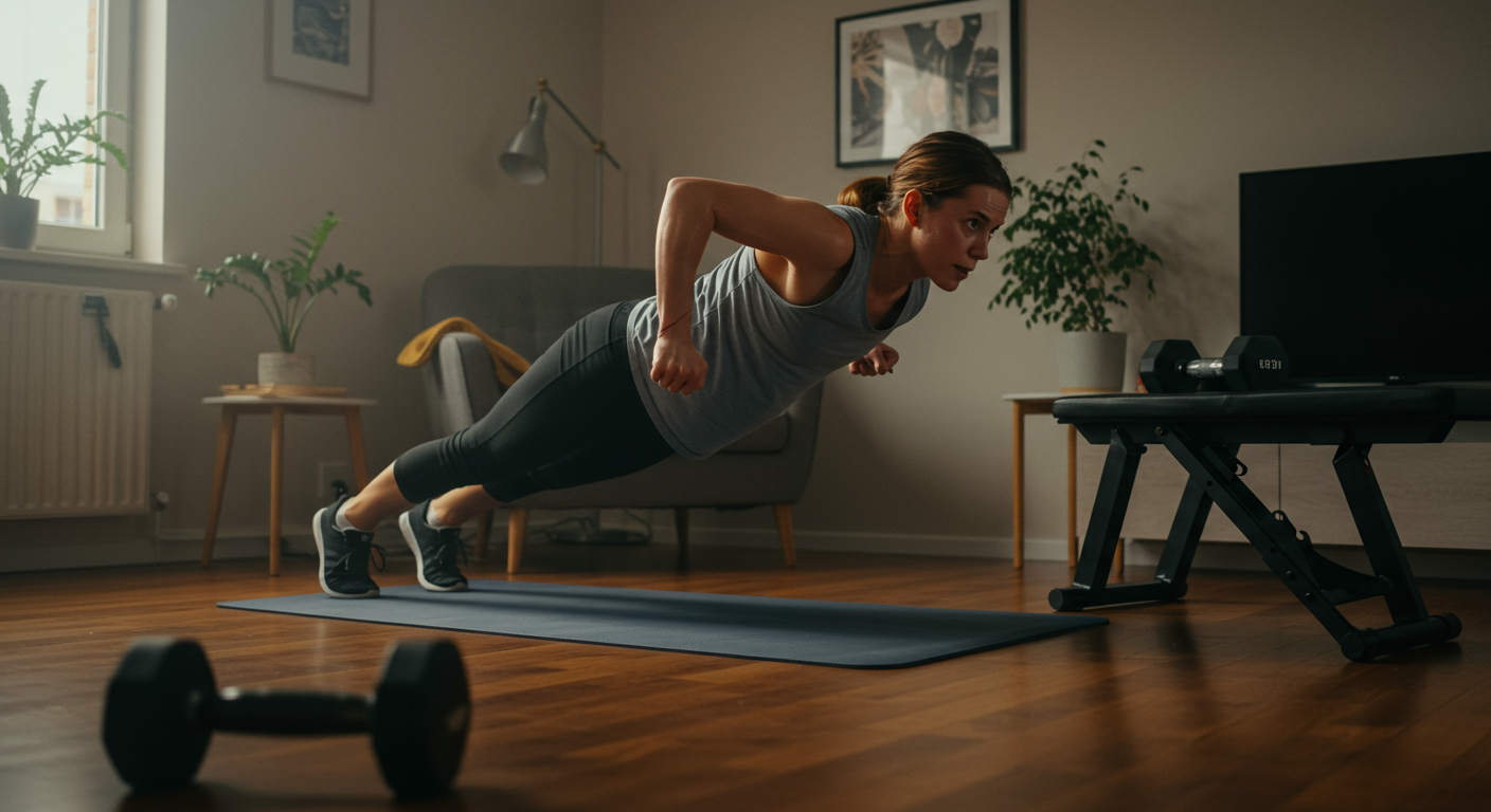 A person doing burpees in a home workout, showcasing the effort of a HIIT session to boost metabolism and aid in fat loss.