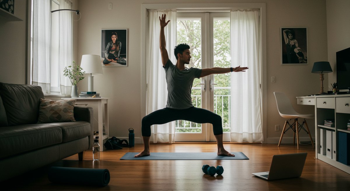Professional yoga illustration showing man in dynamic Warrior II pose at home office with yoga mat and water bottle, boosting energy through yoga