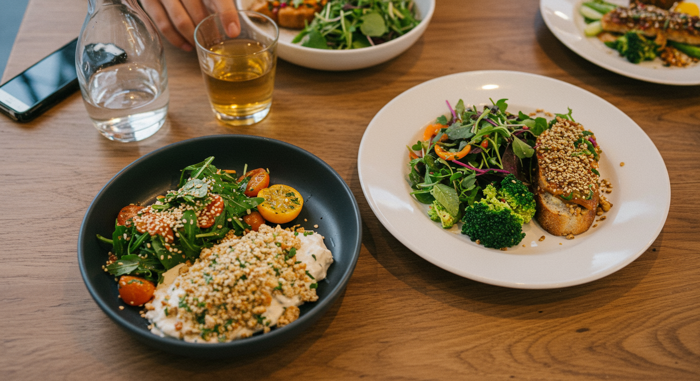 Diverse group enjoying a delicious vegan meal at a restaurant, showcasing various plant-based dishes, ethical eating, and culinary diversity.