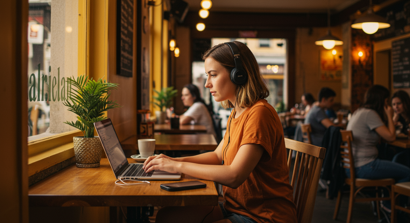 Young female digital nomad working remotely on a laptop in a cafe, focused on internet connectivity and productivity.