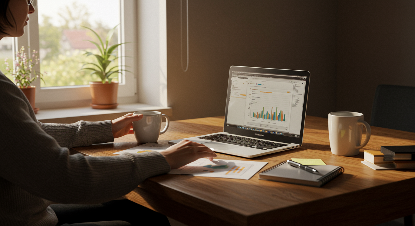 A person at a kitchen table, laptop open, coffee mug, decluttering challenge