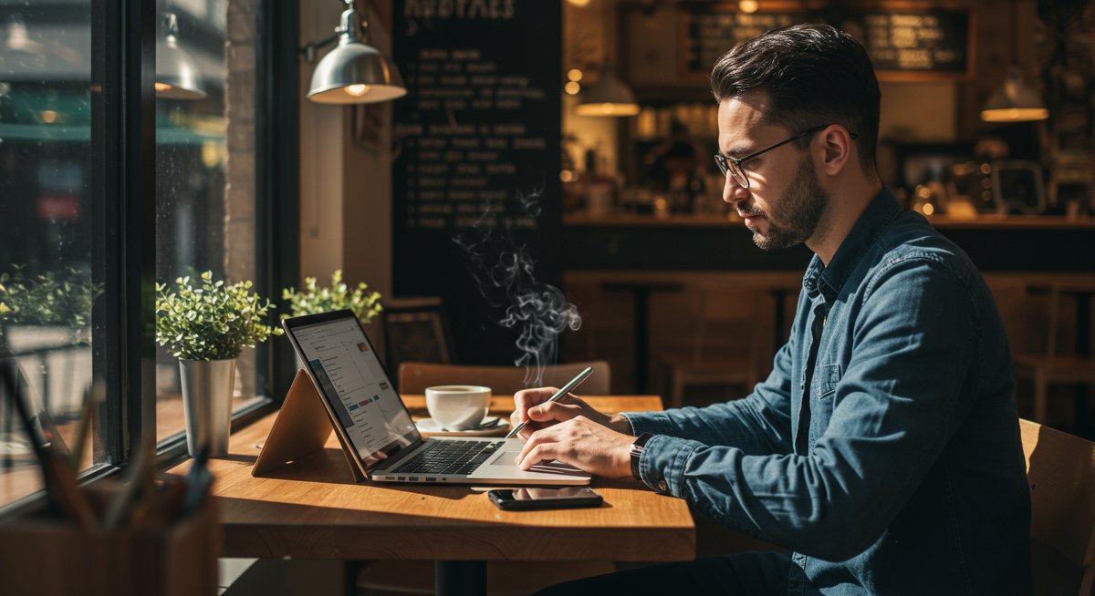 Freelancer using commute time productively in a coffee shop with laptop, tablet, and planner, showcasing time management and focus
