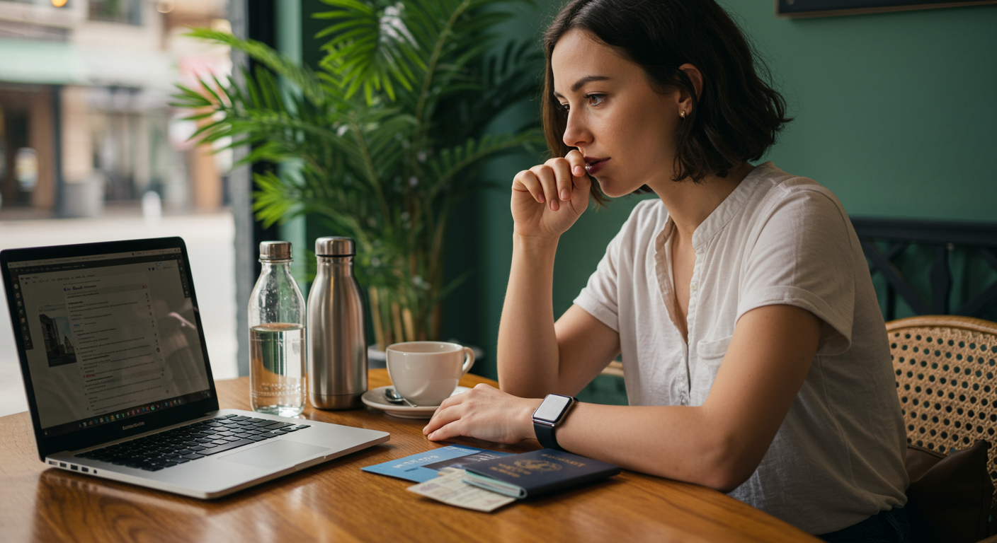 Female digital nomad researching affordable healthcare options on laptop in a tropical cafe. Digital nomad guide to healthcare 2025.