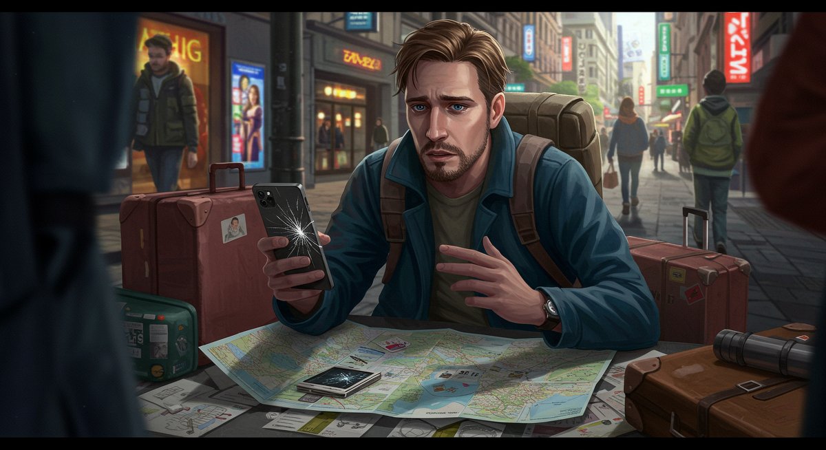 Traveler with damaged phone in urban setting, illustrating emergency phone loss abroad